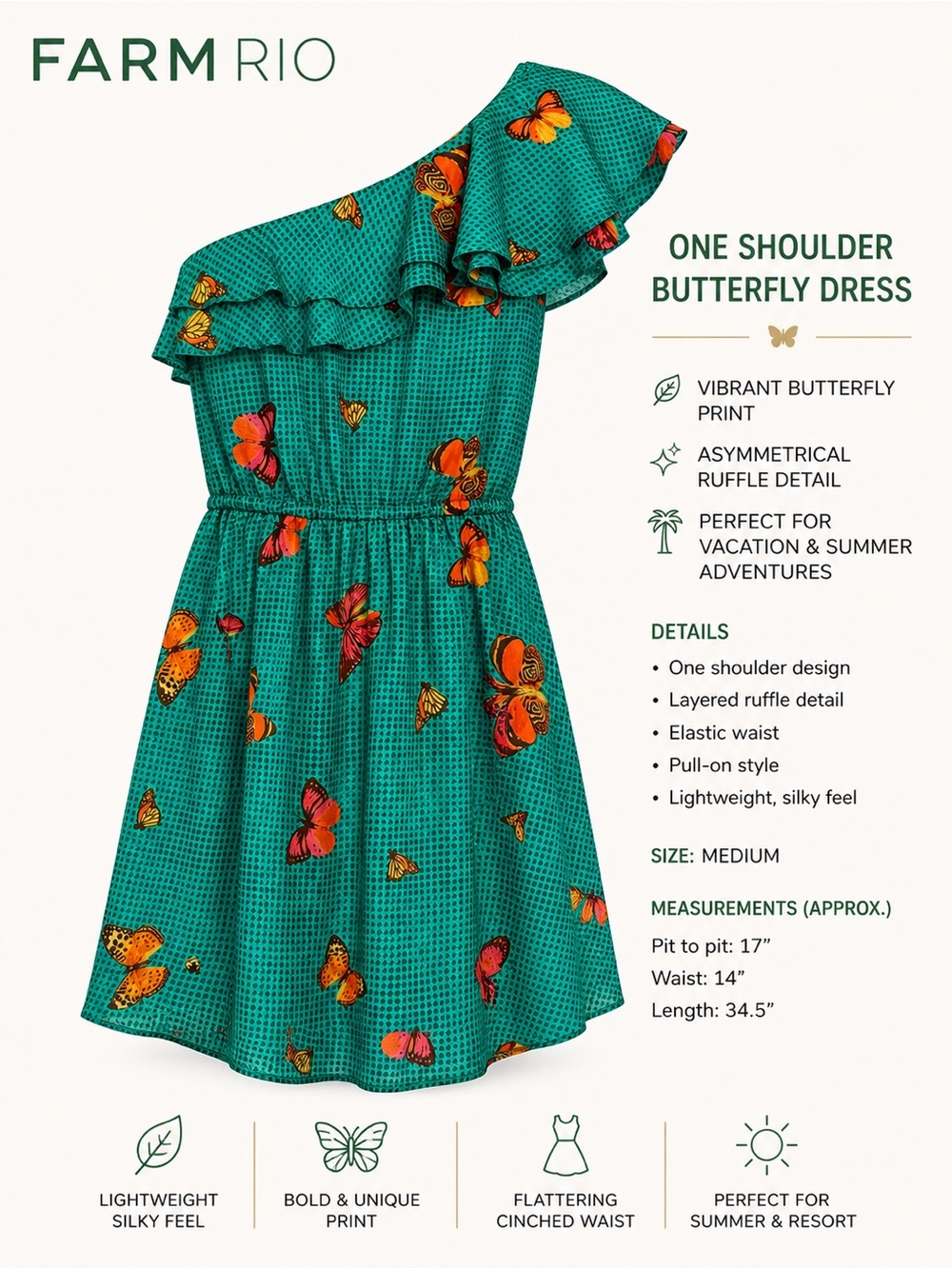 Farm Rio Teal Butterfly Print One-Shoulder Ruffle Mini Dress Size M